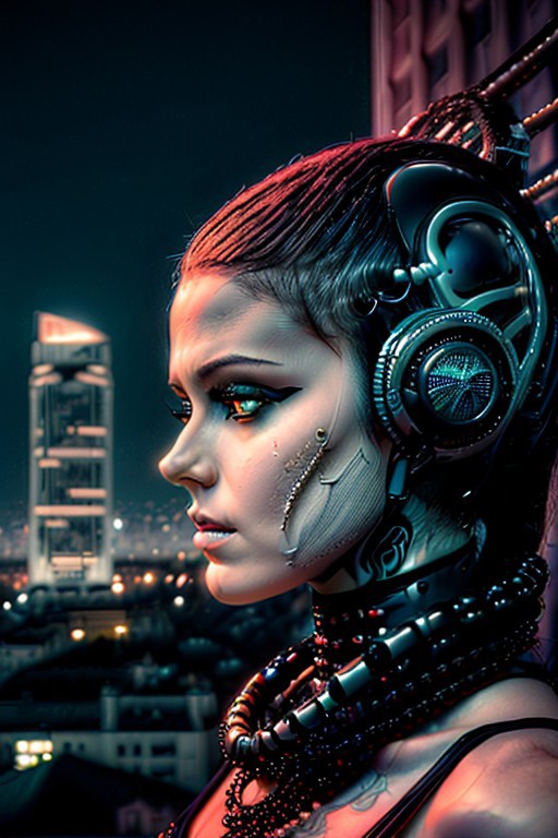 A feminine humanoid AI with expressive eyes gazes at a futuristic city skyline from a high balcony. The city below is alive with glowing vehicles, towering skyscrapers, and interactive billboards. A soft wind moves through her minimalistic attire, face close up,