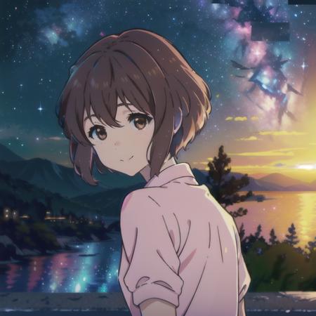 masterpiece,best quality,bright colors,space,starry sky,star( sky),cinematic lighting, extremely detailed CG unity 8k wallpaper,solo,smile, sky, cloudy_sky, building, moonlight, moon, night, (dark theme:1.3), light, fantasy,Nishimiya,,1girl,solo,short hair,brown hair,brown eyes,pink shirt,shirt,lookind at viewer,close up,   <lora:ShoukoNishimiya :0.7>