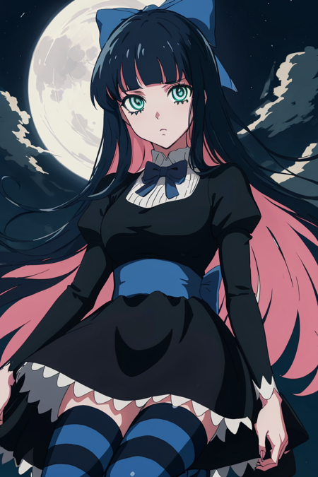 (masterpiece, best quality:1.2), stockingpsg, looking at viewer, thighhighs, hair bow, puffy sleeves, blunt bangs, black dress, aqua eyes, blue bow, moon, striped thighhighs, night, dramatic shadows, HDR, (extremely_beautiful_detailed_anime_face)