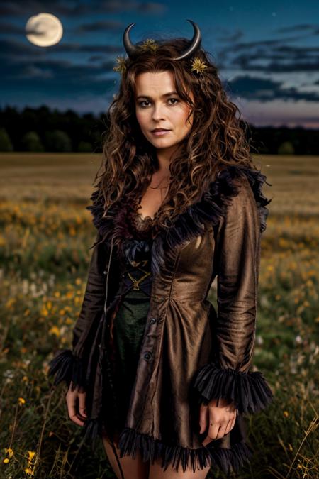 <lora:Helena_Bonham_Carter:1> 1woman, solo, mature hb1873c, , brown_hair, wavy hair, messy hair, devil costume ,  meadow , night