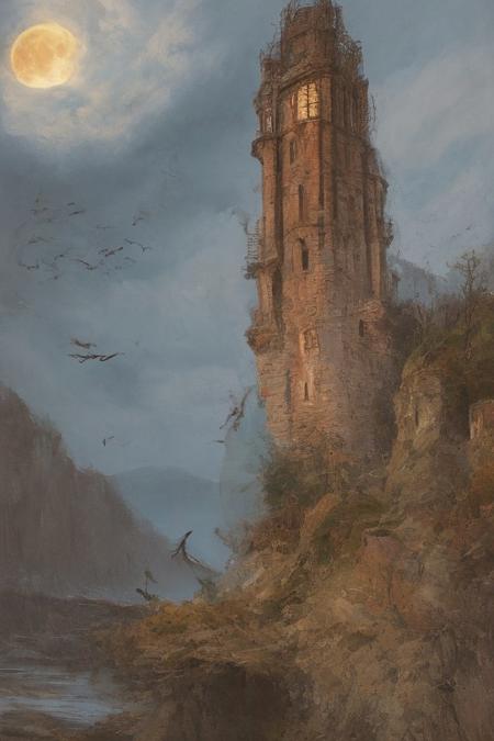 oil painting, of a castle on a cliff, forest, night, a flock of bats flying in the dark sky, reddish moon, clouds tainted red, dark theme, still life, shadows, haunted castle