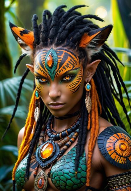fantasy creature, tribal markings, glowing amber eyes, wild orange hair, black dreadlocks, mystical accessories, fierce expression, reptilian-feline hybrid, jungle shaman, colorful skin patterns, magical warrior, elemental spirit, fantasy forest background, clawed limbs, intense stare, enchanted character design