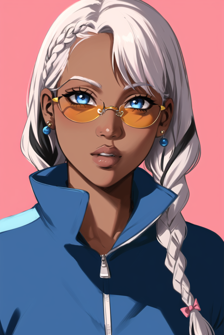 thisuserisalive,  masterpiece, best quality, 1girl, adjusting eyewear, alternate skin color, blue eyes, blue jacket, blue nails, braid, contemporary, dark-skinned female, dark skin, fingernails, grey hair, hand up, humanization, jacket, lips, long hair, looking at viewer, multicolored hair, nail polish, orange-tinted eyewear, parted lips, pink background, portrait, simple background, solo, sunglasses, tinted eyewear, togruta, twin braids, two-tone hair <lora:thisuserisalive_offset:1>