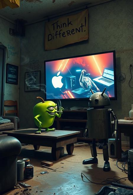 "In a grimy, dilapidated Florida crackhouse, a cartoonish green apple with exaggerated, glaring eyes and twisted limbs engages in a surreal confrontation with the iconic Android logo robot. The apple, seated on a battered, stained coffee table, grins menacingly, clutching a glass pipe. Wisps of smoke curl up from the pipe, drifting through the harsh, flickering light of a massive OLED TV mounted on the wall.
The TV blares an unnervingly vivid Apple computer commercial, its bright visuals casting sharp, unsettling shadows across the room. The walls are covered in grime and graffiti, with peeling wallpaper and broken fixtures. The floor is littered with trash, broken furniture, and empty cans, adding to the squalid atmosphere.
The Android robot, with a rusted, dented exterior and malfunctioning eyes, stands in a defensive stance with twitching antennae. Above the TV, a warped, grimy cardboard sign with 'Think Different!' hangs crookedly. The sign’s jagged, irregular lettering is illuminated by flickering LEDs, casting eerie shadows on the peeling stucco walls.
The air is thick with the stench of mildew and decay, mixed with the acrid smell of smoke from the apple's pipe. The green apple’s glossy skin and the Android’s grimy, rusted body are highlighted by the cold, flickering light, enhancing the bizarre and unsettling scene in this derelict, drug-ridden setting."