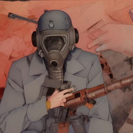 a man in a gas mask pointing a gun, art by akira4