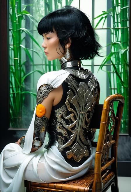 lazypos
Solo figure, androgynous cyborg with irezumi biomechanical armor, seated on ornate wooden chair with Hanfu-style silk robe asymmetrically draped, liquid pearl embroidery flowing from shoulder to waist. Short black hair with cybernetic cable accents, delicate facial features looking over the shoulder, back mostly turned to the viewer in contemplative pose, futuristic luminous tattoos glowing through translucent armor plates. White ceramic vase emitting ethereal smoke, misty courtyard with bamboo lattice shadows, volumetric lighting casting dappled patterns across semi-transparent biomechanical back. Minimalist composition with tilt-shift perspective and unexpected top-angle view emphasizing geometric silk folds against flat color gradients. Texture: PBR materials for metallic carvings and silk subsurface scattering. Lighting: two-tone cinematic with cool misty blues vs warm cybernetic oranges. Artistry: Chinese ink wash elements blended with cyberpunk neon, cyb0rg, science fiction, cable, mechanical parts, trending on ArtStation, trending on CGSociety, trending on DeviantArt.