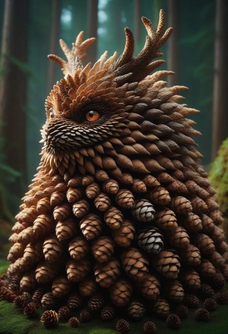 ral-pinecone, mythical creature, solo, Realistic, adventure, exciting,
absolutely eye-catching, Masterpiece, best quality, ultra-detailed, CG, aesthetic, trending, score_9, score_8_up, newest, subtle texturing, depth of field, cinematic composition,
Detailed background, intricate cinematic background,