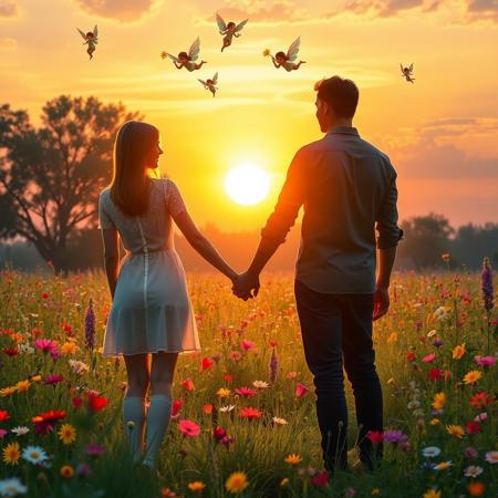 a couple holding hands facing the sunset in a meadow of colorful flowers and cupids and fairies are flying around above them