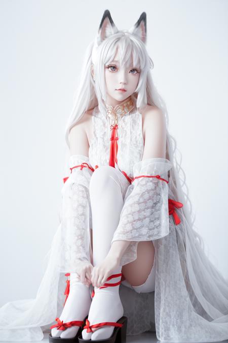 1girl,hutao,silver,white thighhighs,animal ears, detached sleeves,