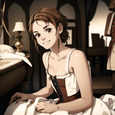 highly detailed analog photo of tailor, 

 1girl, bare shoulders, corset, brown hair, brown eyes, sitting, small breasts, white dress, solo focus, smile, depth of field, realistic:1.3, medieval tailor shop, cleavage, ((cute face)),

masterpiece, best quality:1.1, 

depth of field:1.1, 
(analog photography:1.2),



