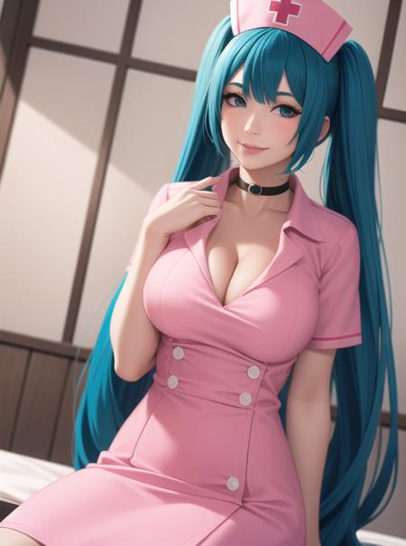 1girl, drawing, aqua_hair, aqua_eyes, dress, frills, hat, hatsune_miku, pink_lips, long_hair, large_breasts, cleavage, choker, looking_at_viewer, , nurse, nurse_cap, pink_dress, realistic, skirt, smile, solo, traditional_media, twintails, very_long_hair   <lora:nurse-miku-20:0.2>