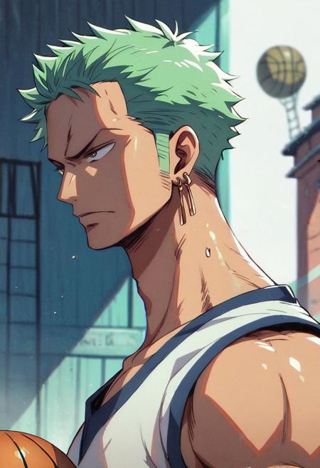 score_9, score_8_up, score_7_up ,score_6_up, 8k, green hair,ZORO , playing Basketball in street