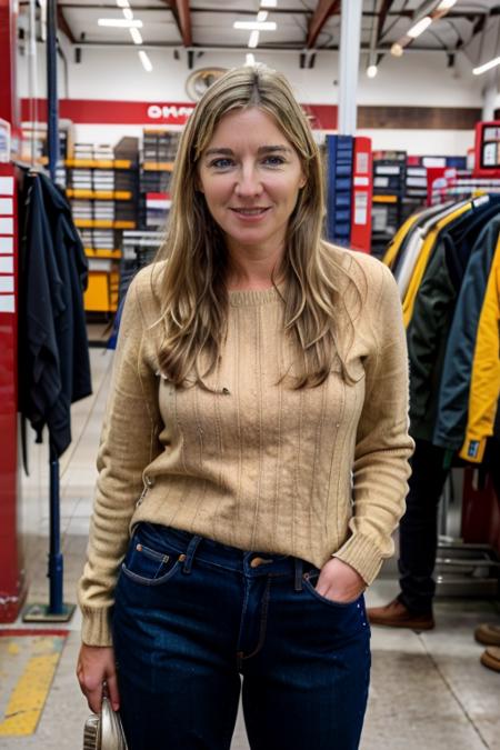 <lora:VC:1.0> masterpiece, best quality, detailed face, 1girl, realistic, solo, a 40 year old, mature,  v1873c, long_hair, blonde_hair, in a hardware shop, drills, mechanical, jumper, jeans