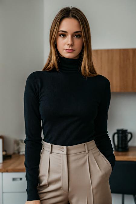 RAW photo of makraine, closeup,Striking the perfect balance in a Turtleneck and tailored trousers at a busy startup, (high detailed skin:1.2), 8k uhd, dslr, soft lighting, high quality, film grain, Fujifilm XT3, <lora:makraine:1>