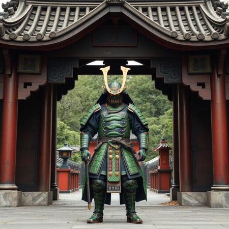 a green snake theme armor samurai standing in-between a traditional Chinese archway