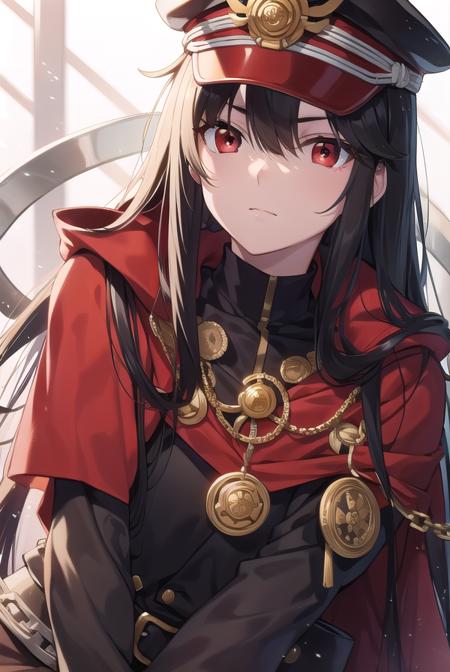 oda nobunaga, black hair, long hair, (red eyes:1.5), chain, cloak, family crest, gloves, grey gloves, hat, military, military hat, military uniform, peaked cap, uniform, red cloak,