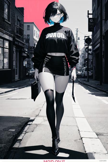 movie poster style, specific text, strong color contrast, stunning composition, bold and trendy, sexy girl, confident, urban street scene,english text, Bold Fashion,Confident Attitude,Female Empowerment,Street Style,Urban Fashion,Bold Typography,High,Contrast Colors,Sensual Clothing,Eye-catching Composition,Cityscape Vibes