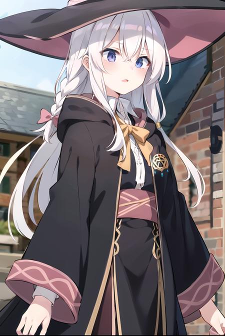 (masterpiece, best quality, highres),
<lora:elaina_v06:0.8>, elaina, witch, robe, witch hat, black robe, open robe, neck bowtie, badge, hair bundle, yellow hair band, braid, hair bow, pink bow