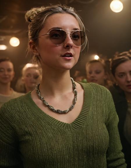 In this cinematic photo, Miss Katie poses effortlessly with a striking gaze that captures the viewer's attention as she sports a futuristic olive cable-knit sweater adorned with sport sunglasses and tote bags, accessorizing her look with a beaded necklace, while wearing archer clothes accented by professional makeup and flawless skin texture that seems both realistic and intricate in detail. Against the backdrop of 35mm photograph-style flash photography, this highly detailed, Dutch angle scene reveals Katie dancing in a crowded nightclub party, where she stands out with her dappled light-dappled shadows and film grain-infused cinematic light that beautifully complements sidelighting. This all takes place amidst the best quality 4k resolution, providing vivid skin details, RAW footage, and realistic makeup to create an unforgettable scene - a testament to the power of artistic expression in this era of photography. MissKatie <lora:zowzzg18e7862e4a8p1a1:1>