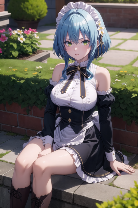 (masterpiece, best quality), villhaze, 1girl, blue hair, short hair, bangs, green eyes , hair between eyes, hair ornament, maid headdress, hair flower, sidelocks, medium breasts, white shirt, frilled shirt, neck ribbon, bare shoulders, detached sleeves, puffy sleeves, long sleeves, black sleeves, maid, waist apron, black skirt, boots, knee boots, brown footwear, looking at viewer, garden, sitting leg focus, <lora:villhazev1:0.6>