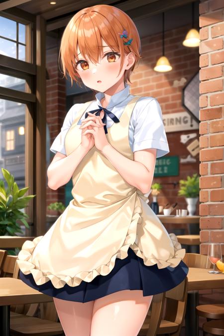 masterpiece, best quality, 1girl, <lyco:Mahiru-000009:1.0>, inami mahiru, white shirt, ribbon, apron, skirt, hairpin, embrassed, blush, standing, hands together, indoors, restaurant, brick wall