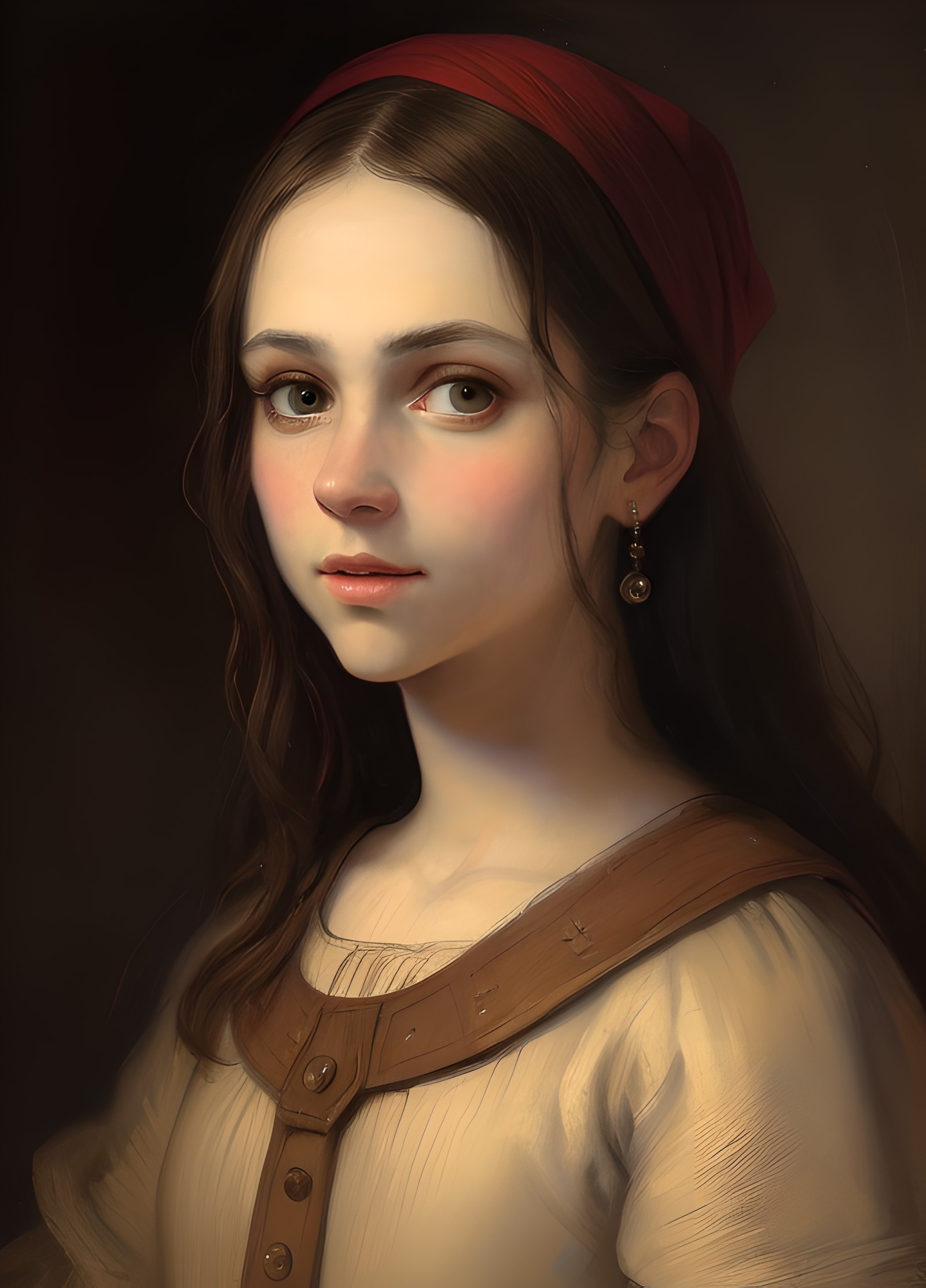 ((high quality, masterpiece:1.4)), 1girl, ((upper body)), side view, oil painting style, oil painting, medieval portrait, ...