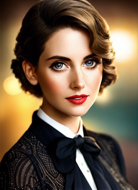 modelshoot style, A 1930s professional photograph of sks woman, ((detailed face)), (High Detail), Sharp, 8k, ((bokeh)), <lora:locon_alisonbrie_v1_from_v1_64_32:1.3>