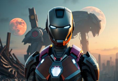 Create a digital concept art of a female Iron Man character in the style of Mary Jackson, with a full-body front view. The character should have colorful light metal armor, a grey metal body, and a pointed chin. The background should be a Clockwork Night-inspired cityscape with a broken ruin of a Pacific Rim Jaeger, and a red rising planet visible in the distance. The scene should have a high contrast, cinematic feel, with a focus on intricate and elegant details. The artwork should be rendered in Unreal Engine and have a sharp focus. The desired output should be a high-quality digital painting with a resolution of 1088 height, suitable for Artstation and CGSociety.