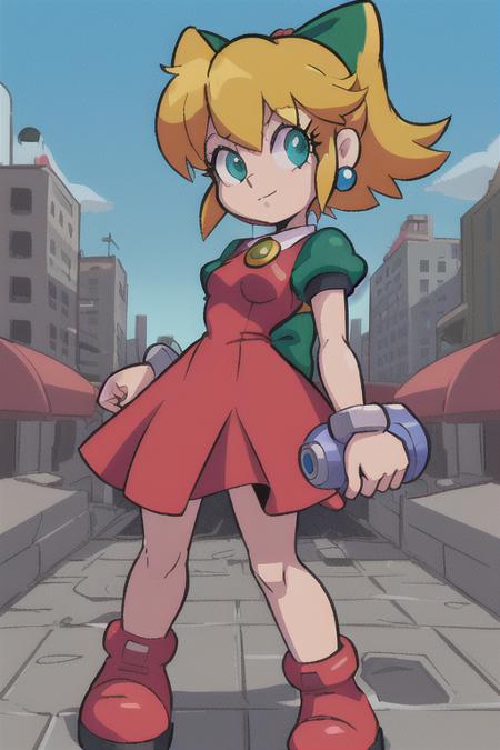 <lora:Roll3D:0.6> Roll3D 1girl,red dress, green bow, blonde hair, blue eyes, in city ruins with a blaster, scene from megaman