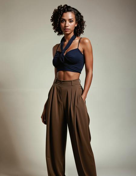 RAW full body analogue photo of a beautiful 25 years old woman, clear focus, high resolution image, Ms Aash, very dark skin, <lora:MS_AASH_SDXL_V1:1.0>,  ,wearing culotte pants with blouse, (Twists and Curls hairstyle:1.6),,low light, soft natural light, Rembrandt style light, Hasselblad DLSR camera, 200mm Zeiss lens, f/2.8, ,Sexy pose, erotic pose, exhibitionism, ,haunted shipwreck on a ghostly shore