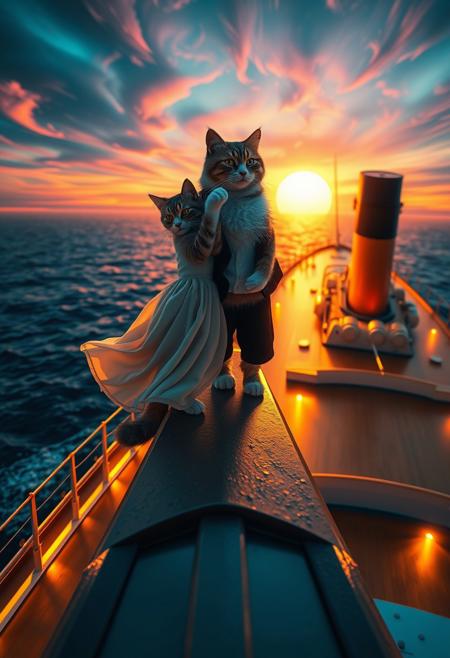 A highly detailed and humorous recreation of the iconic *Titanic* scene, but with two anthropomorphic cats on the bow of the ship. One cat, wearing a flowing dress, stands at the edge with its paws outstretched, embracing the wind and open sea. Behind it, another cat in a tuxedo gently holds its waist, gazing at it with admiration. The vast ocean stretches endlessly in the background, reflecting a breathtaking neon sunset. The ship’s deck glows with warm, cinematic lighting, showcasing intricate vintage nautical details. The perspective is exaggerated, enhancing the whimsical, surreal effect. The sky swirls with psychedelic colors, and the ocean waves shimmer with vibrant, dreamlike hues. Created using: cinematic lighting, hyper-realistic textures, vibrant neon highlights, artistic composition, atmospheric depth, detailed feline expressions, oceanic reflections, vintage ship aesthetics, Highly reminiscent of the iconic titanic bow scene with the ship body in the background and the bow in the foreground,