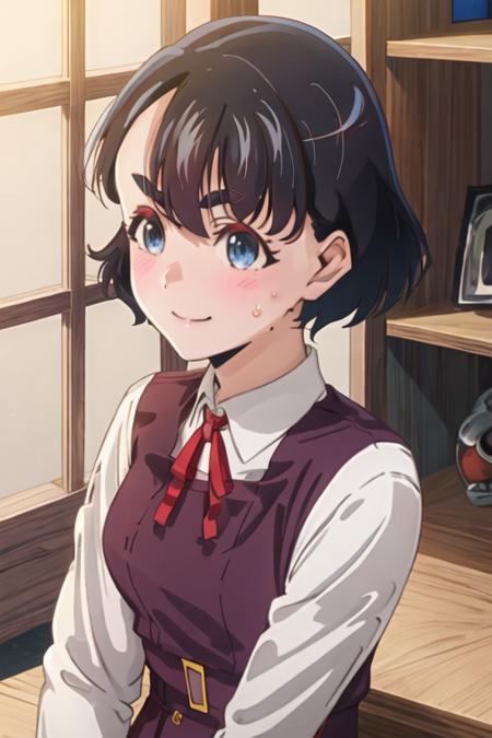 best quality, masterpiece, highres, solo, {koganeikoito_edomaeelf:1.15}, short_hair, black_hair, blush, blue_eyes, ribbon, neck_ribbon, blue_hair, jitome, red_ribbon, shirt, smile, solo_focus, sweatdrop, white_shirt, 1girl, belt, dress, holding, thick_eyebrows, vest, indoors, long_sleeves, multiple_girls