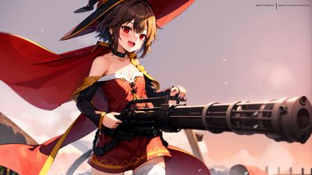 1girl,solo,breath,open mouth,standing,m134minigun,holding gun,aiming,megumin , red eyes, bandaged leg, single thighhigh, red dress, belt, bare shoulders, brown hair, short hair with long locks,collar, closed mouth, collarbone, choker, asymmetrical legwear, cowboy shot, long sleeves, mismatched legwear,smile, cape, witch hat,snow,winter, <lora:m134v51024:.9>,<lora:megumin:1>