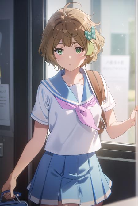 sapphirekawashima, <lora:sapphire kawashima s2-lora-nochekaiser:1>,
sapphire kawashima, short hair, bangs, brown hair, (green eyes:1.3), bow, ahoge, hair bow, polka dot, polka dot bow,
BREAK skirt, shirt, school uniform, white shirt, short sleeves, pleated skirt, serafuku, sailor collar, blue skirt, neckerchief, blue sailor collar, school bag, pink neckerchief, kitauji high school uniform,
BREAK indoors, classroom,
BREAK looking at viewer, (cowboy shot:1.5),
BREAK <lyco:GoodHands-beta2:1>, (masterpiece:1.2), best quality, high resolution, unity 8k wallpaper, (illustration:0.8), (beautiful detailed eyes:1.6), extremely detailed face, perfect lighting, extremely detailed CG, (perfect hands, perfect anatomy),