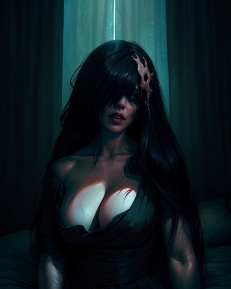 Rosaria,black hair,long hair,pale skin,streaked hair,hair over eyes,
black dress,cleavage,tight,
in bed,dark lighting,
horror \(theme\), 
dark curtains,flesh bed,on side,
(insanely detailed,  , masterpiece, best quality) cinematic lighting,<lora:Rosaria-10DS3v8:0.8>,