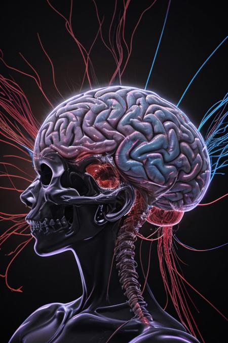 A man drowning inside his own mind. FRONT VIEW. Subliminal messaging, Horror, neon-colored brain scan aesthetic on black background. the figure of a skull is seen inside the brain scan. Psychedelic brain scan. Horror, Vibrant, glowing neural pathways Abstract, futuristic aesthetic. Style mimics bioluminescence art. Sharp contrast between vivid colors and deep black background. realistic rendering of brain lobe. Conveys sense of brain death, cognitive decline, and mental degradation. Sharp jagged teeth. Horror theme.
