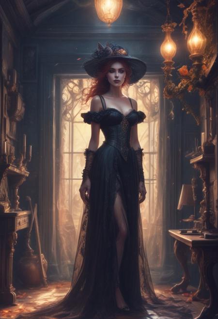 Ultra detailed digital art masterpiece, face portrait, mysterious Dark Witch woman, a cute magical creature like a Witch standing in the Shack, realistic black rose, ultra detailed Witch's Mysterious Shack, in year 1880, victorian style, Halloween decorations including pumpkins, rose flower style, Witch's mysterious black cat, white marble, old dark solid wood, victorian decals, perfect lighting, elegant, Tom Bagshaw, Anne Bachelier, unreal engine 5 nanite quality, mixed with dark elements, dark environment, very dark night, clean dark velour witch clothing, dark washed out eyeliner, no make up, natural pale face, nose piercing, abstract, big shiny brown eyes, ultra detailed atmospheric details, beautiful glowing effects, sparkle effects, realistic body proportions, beautiful face proportions, complex masterpiece, wild hair style, creative glowing detailed tattoos, complex physics, enhanced colors, complimentary colors, ultra detailed raytracing reflections, Ultra detailed complex background, environment feels alive, direct eye contact, dramatic lighting, wet and sweaty skin, beautiful firm Breasts, Concept art portrait by Greg Rutkowski