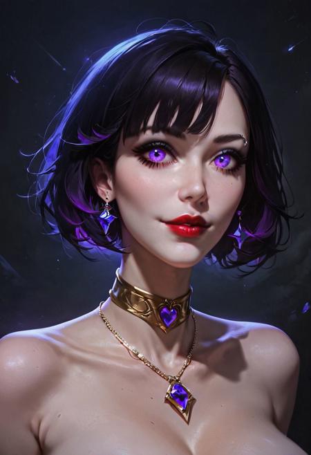 (score_9:1.1), score_8_up, score_7_up, 1girl, solo, anime, hentai, big eyes, purple eyes, pale skin, white skin. naked body, gold necklace, gold choker. short dark hair. red lips, massive boobs, seductive smile. dark background, Uhd, 9K, portrait, masterpiece, stunning, zPDXLxxx, Expressiveh, concept art, realistic, looking at sky, goth