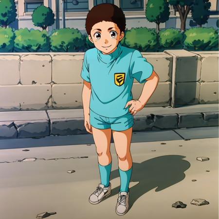 alfredizuruha,1shota, alfredizuruha,1shota, very short hair,black hair,black eyes, turtleneck,blue shirt,badge,short sleeves, shorts, socks, shoes,