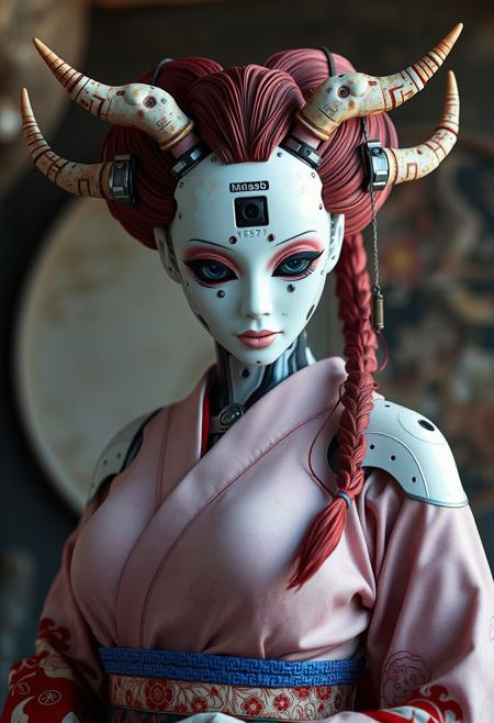 best quality, highly detailed, intricate details, extremely detailed, smooth lines, an android robot designed as a geisha, curvy body, seducive pose. Beautiful face, The android face plate is made of white ceramic material, with many mechanical parts. The android has camera lens eyes, and clear signs of rusting and wear. She is also wearing traditional intricate Japanese clothes, wide hips and thick thights , two long redhead braids, two long ceramic horns on head, futuristic, technological, alien worlds, space themes, advanced civilizations