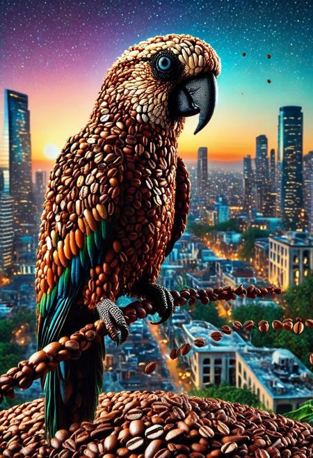 masterpiece, best quality, very aesthetic, absurdres,(score_9, score_8_up, score_7_up), createconcept, addmicrodetails, coffee beans, epic background, nightsky cityscape landscapes with a lot of coffee beans, a (parrot) covered in coffee beans, glowing eyes, vivid eye color, (beautiful eyes:1.2), (gradient iris, crisp iris edges), confident pose, action dynamic pose, lazypos
