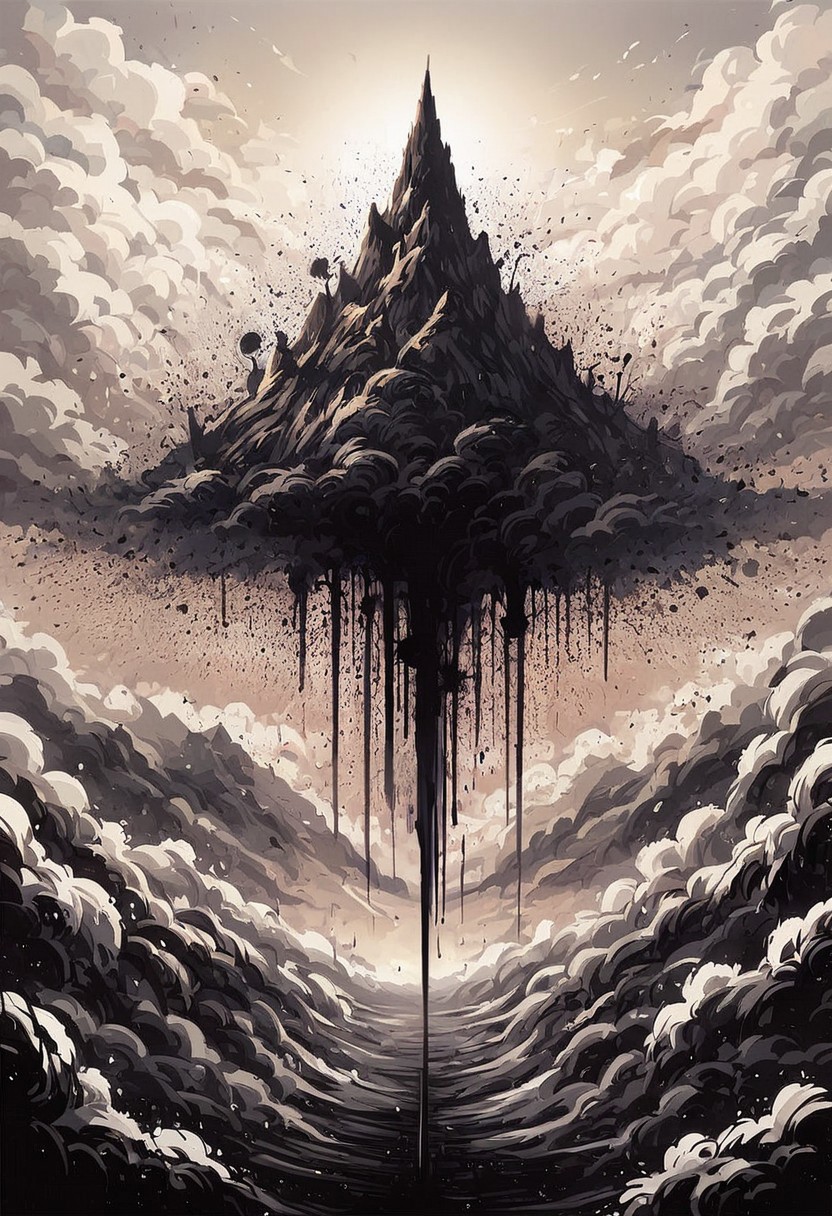 score_9, score_8_up, score_7_up, score_6_up, source_anime, ink splats, 1girl, long hair, wind, mountains, clouds, valley, black hole