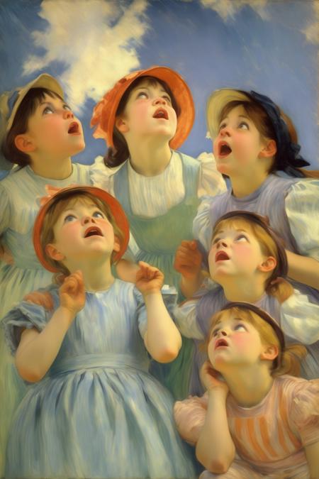 <lora:Mary Cassatt Style:1>Mary Cassatt Style - mary cassatt,A group of little girls looked up at the sky with expressions of expectation and surprise