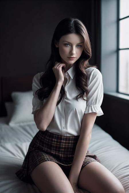 CaitrionaB_SoloTI_v1, PA7_Portrait-MCU,
(In a plaid skirt and white blouse, with knee-high socks, for a convincing and playful look),
(sitting on bed, A softly lit bedroom, with plush pillows and a warm duvet, an atmosphere of tranquility and relaxation)
(seductive:1.3),(analog, cinematic, film grain, hazy atmosphere, cinematic shot:1.3), 
<lora:add_detail:0.6>, <lora:LowRa:0.6>, PA7_Portrait-MCU,