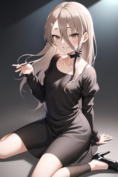 masterpiece, best quality, <lora:mikage_sakurako:0.7> mikage_sakurako, 1girl, solo, brown eyes, brown hair, long hair, hair between eyes, hair ribbon, hairclip, long hair, smile, black dress, tight, puffy sleeves, long sleeves, collarbone, fishnets, high heels,