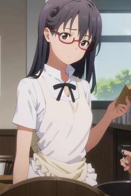 mayamatsumoto, <lora:maya matsumoto s2-lora-nochekaiser:1>,
maya matsumoto, long hair, black hair, (brown eyes:1.3), glasses, apron, semi-rimless eyewear, red-framed eyewear, under-rim eyewear,
BREAK apron, waitress,
BREAK indoors, restaurant,
BREAK looking at viewer, (cowboy shot:1.5),
BREAK <lyco:GoodHands-beta2:1>, (masterpiece:1.2), best quality, high resolution, unity 8k wallpaper, (illustration:0.8), (beautiful detailed eyes:1.6), extremely detailed face, perfect lighting, extremely detailed CG, (perfect hands, perfect anatomy),