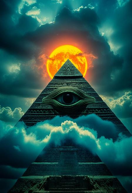 mountain, surreal, dark and moody ,colored all seeing eye pyramid made of novuschroma51 style, film grain, high quality, dramatic ,poster, horror story style, sun behind clouds, almost monochrome, clouds at the base of the pyramid
