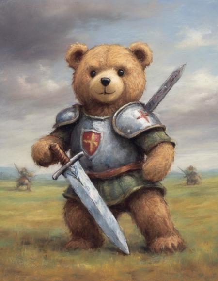 drawing with pastels of a plushy battle closeup shot of a battle teddy bear with countless opponents fierce toy a teddy bear with shield and sword on wide flat field of a medieval battle dramatic sky 