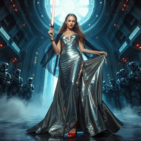 slender arrogant cold femme fatal russian princess wearing  rich  full skirt glossy silver foil  gown, small size opulent glossy red  high heels, ultrathin black transparent slime cloak, jewels, elegant small light saber in her right hand, lifting her skirts with left hand, posing standing, view from below,  evil grin, green eyes, lipstick, giant portal to outer space, fog from the floor, empire spaceship hangar, surrounded by halo odst troopers, TIE spaceships at the background, fashion look, hollywood, vogue makeup, porcelain skin, long haired, ultrathin waisym reminiscent of Lucas, Spielberg styles, with close-up glamour photography and dramatic lighting view from below,