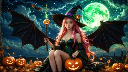 ((a pumpkin with bat wings)),yuukananri,a witch sitting on it,(holding a glowing magic wand),1girl with long pink hair,wearing a hat,green eyes,8k,high detailed,ultra-detailed,a dark night,Halloween style,magical atmosphere,starry night sky,spooky clouds,detailed background,(best quality:1.1),(masterpiece:2),Cinematic Lighting,cinematic light,<lora:detailed_notrigger:1>,<lora:xl_more_art-full_v1:0.8>,<lora:yuukananri-base-02-XL:0.8>,